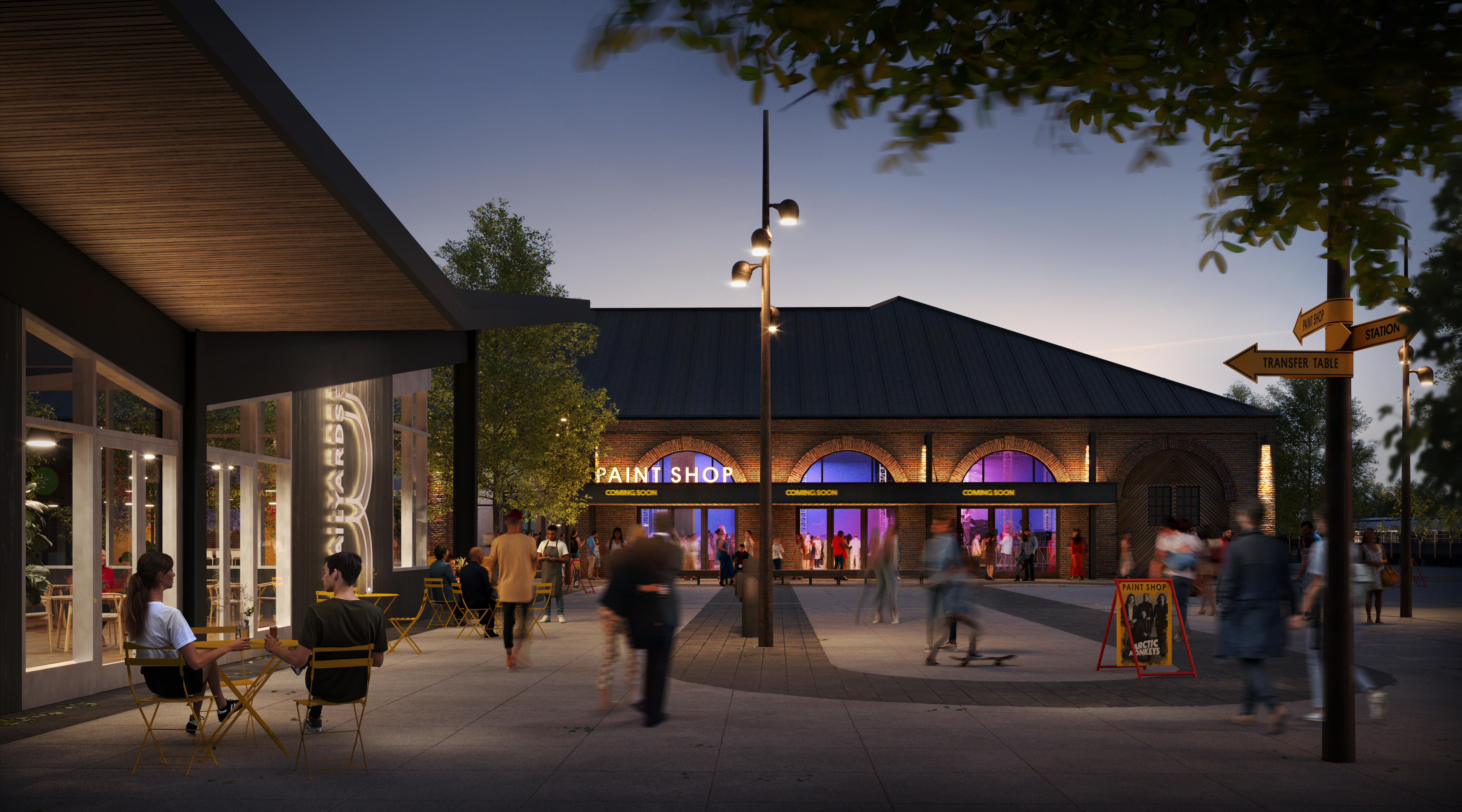 a 3d rendering of the plaza by the Paintshop in the future Railyards