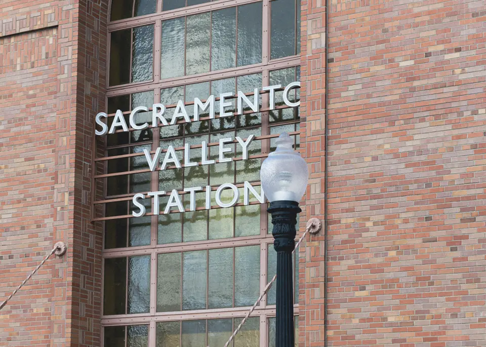 a photo of the exterior Sacramento Valley Station showing the brick walls and sign