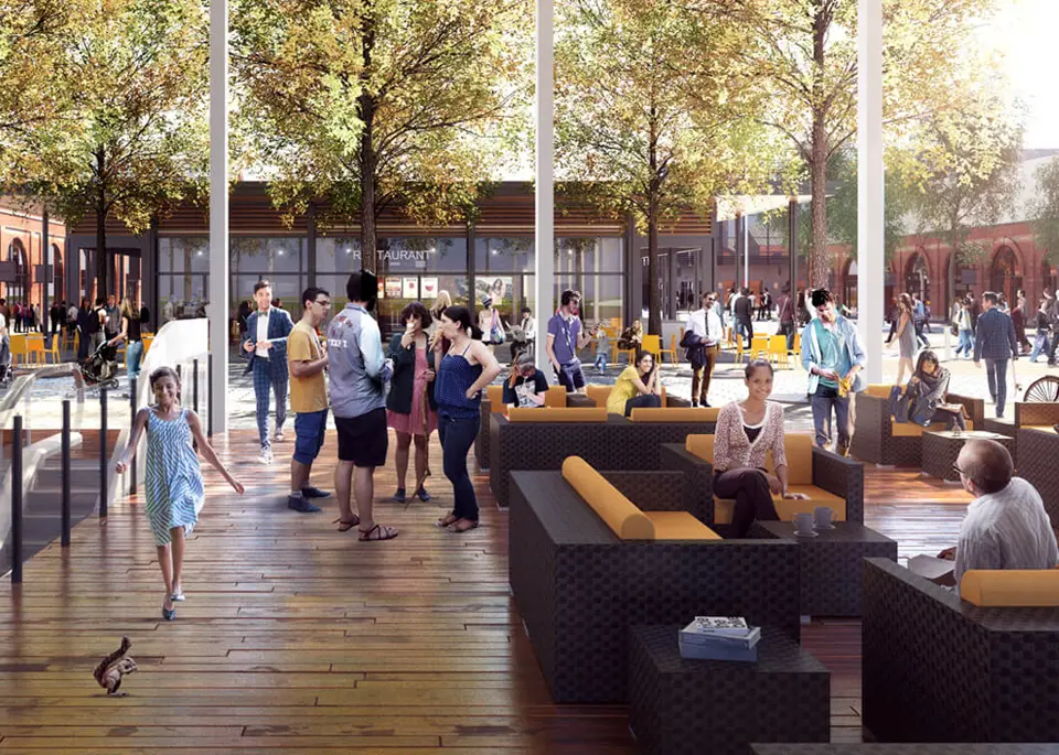 a 3d rendering of people walking and sitting in a new pavilion