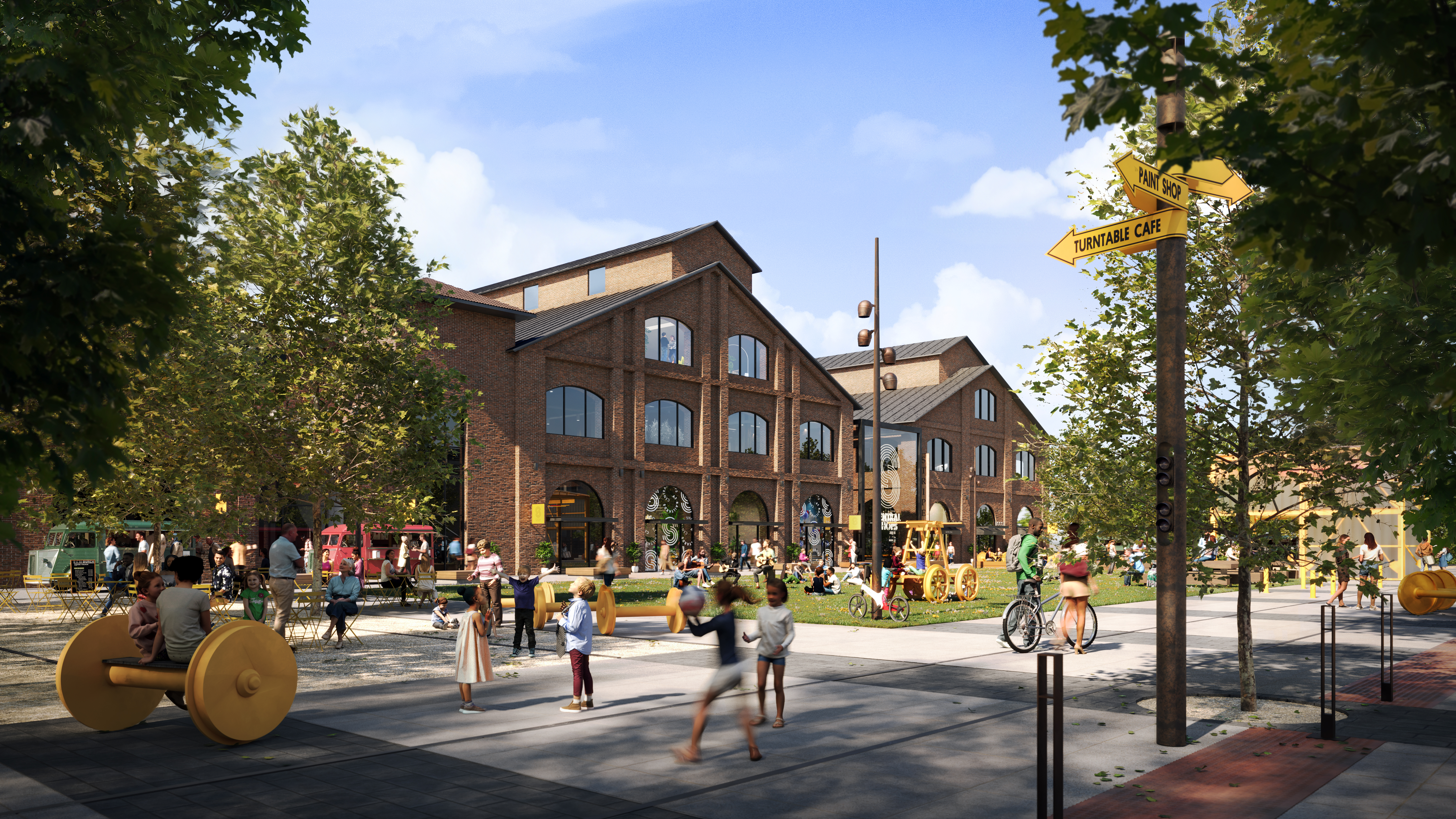 a 3d rendering of the future Railyards plaza surrounded by brick buildings and filled with people