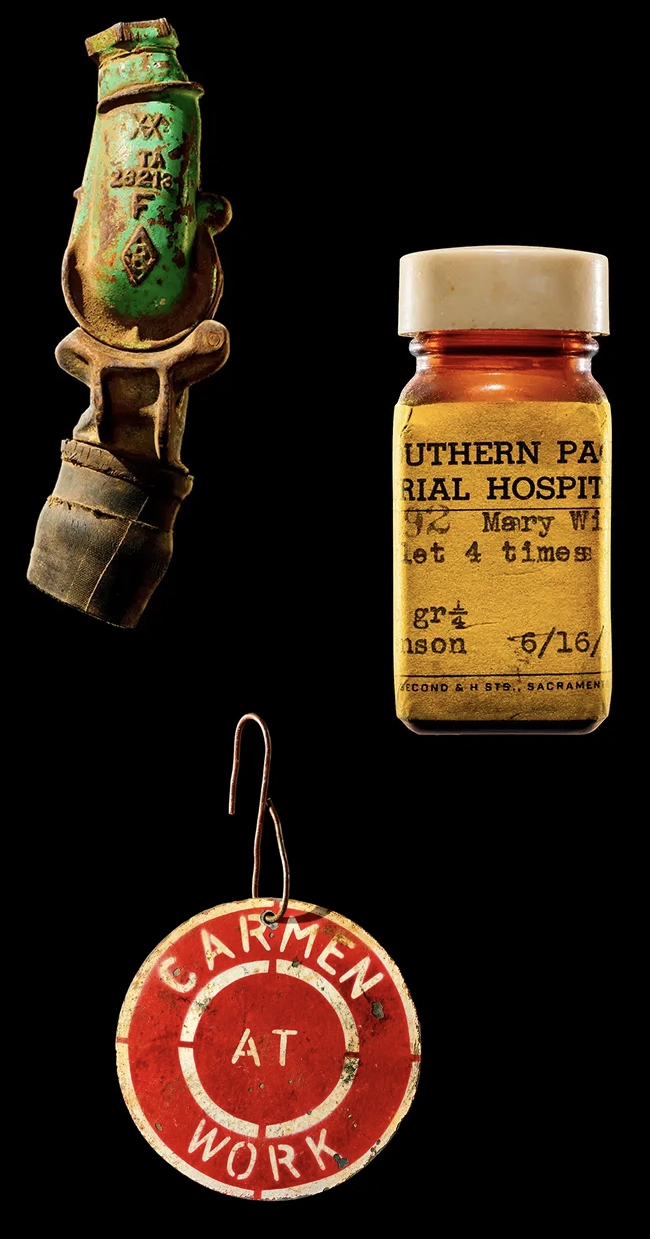 an image of 3 artifacts, carman sign, gladhand coupler, and medicine bottle