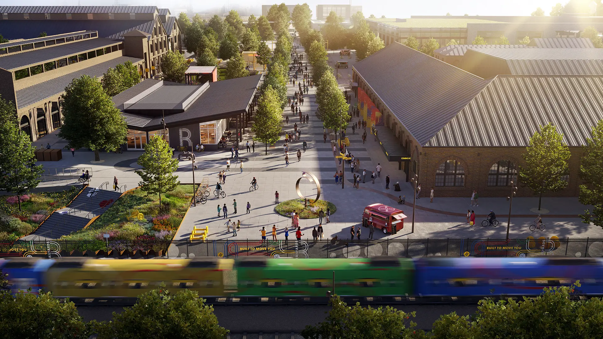 a 3d rendering aerial view the future Railyards filled with buildings, trees, and people