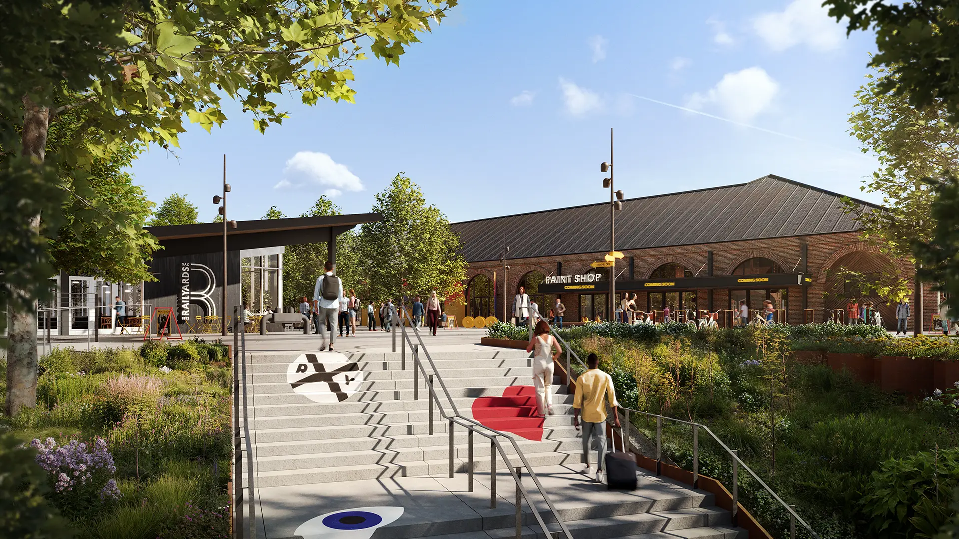 a 3d renderimg of the future Railyards, with brick building and open plazas filled with people