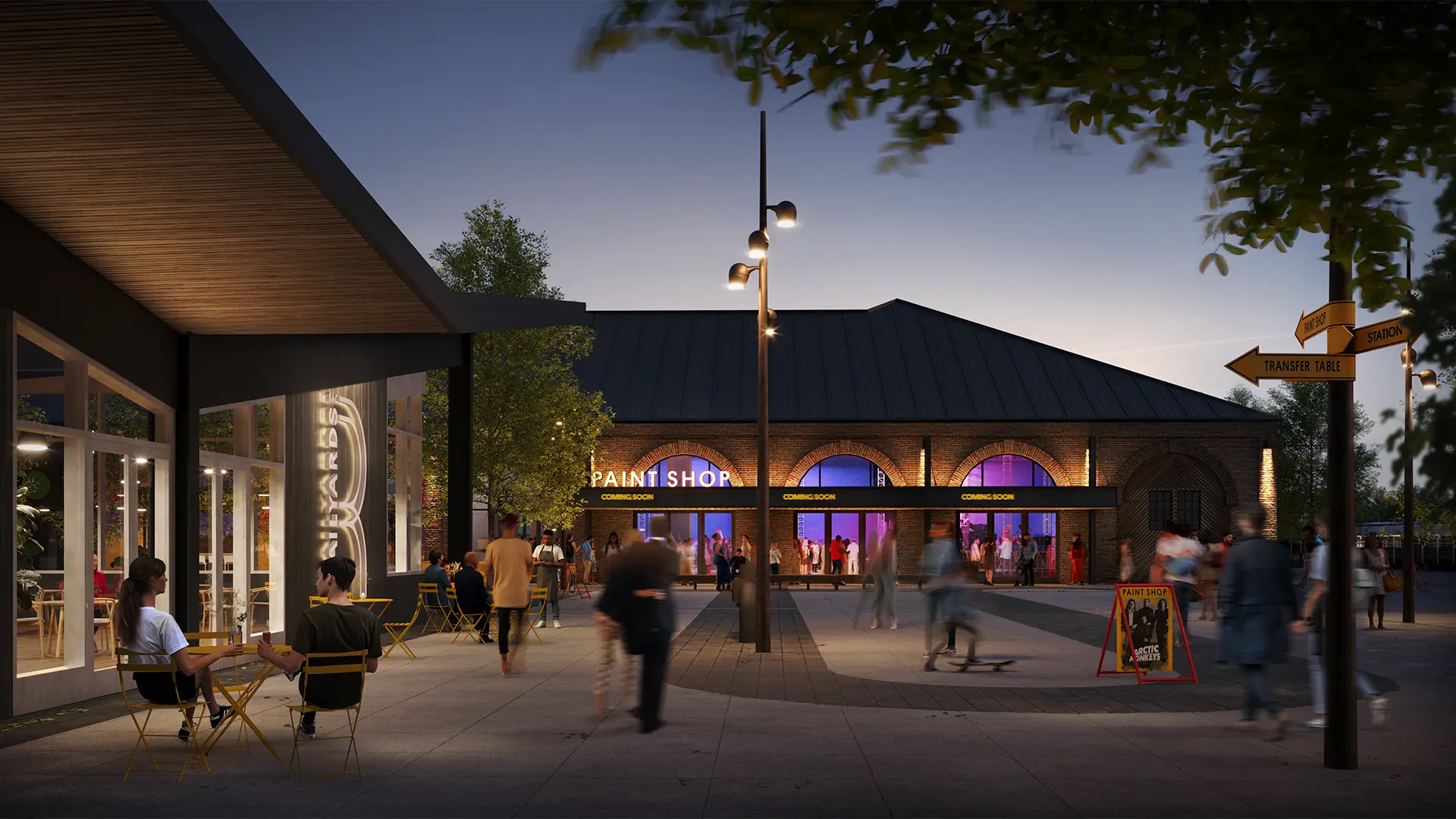 a 3d renderimg of the future Railyards, with brick building and open plazas filled with people