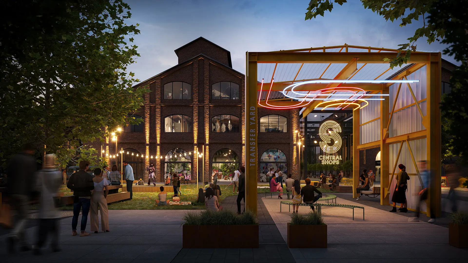 a 3d renderimg of the future Railyards, with brick building and open plazas filled with people