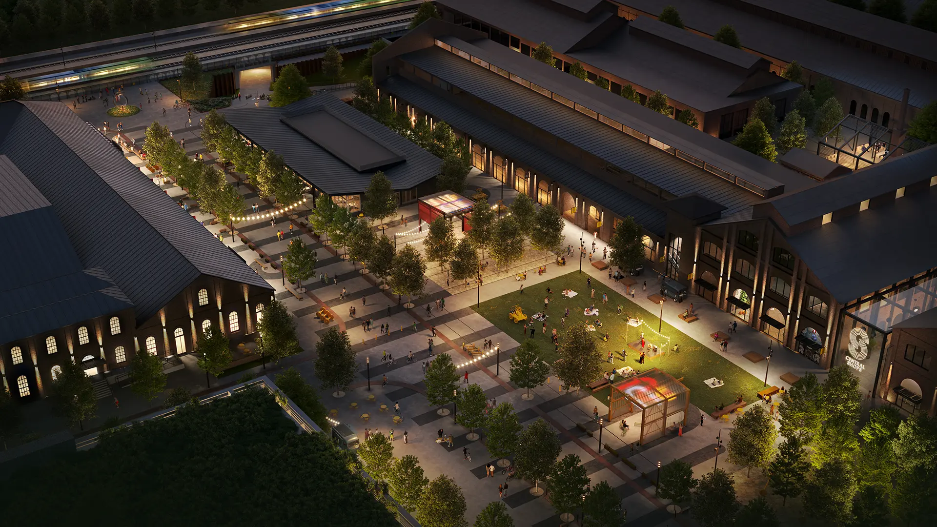 a 3d renderimg of the future Railyards, with brick building and open plazas filled with people