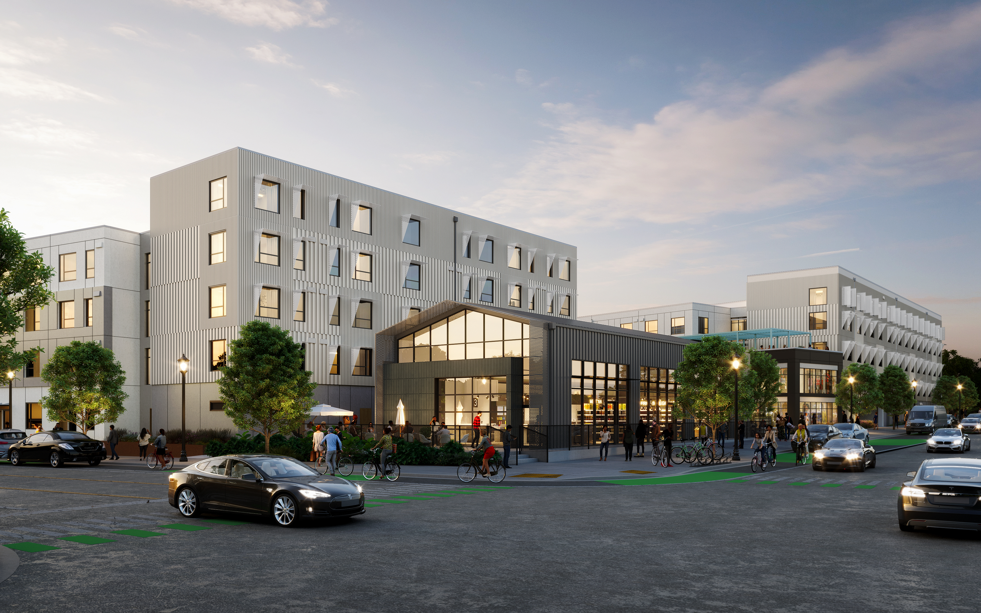 a rendering of modern white and grey buildings on the corner of a busy street intersection