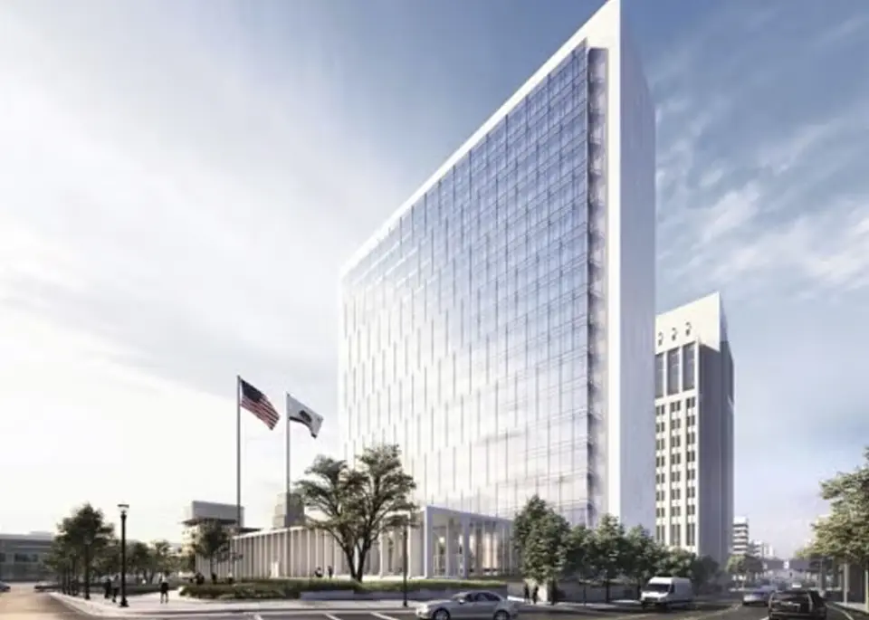 a 3d rendering of the future court house in the Railyards, a tall white building covered in glass