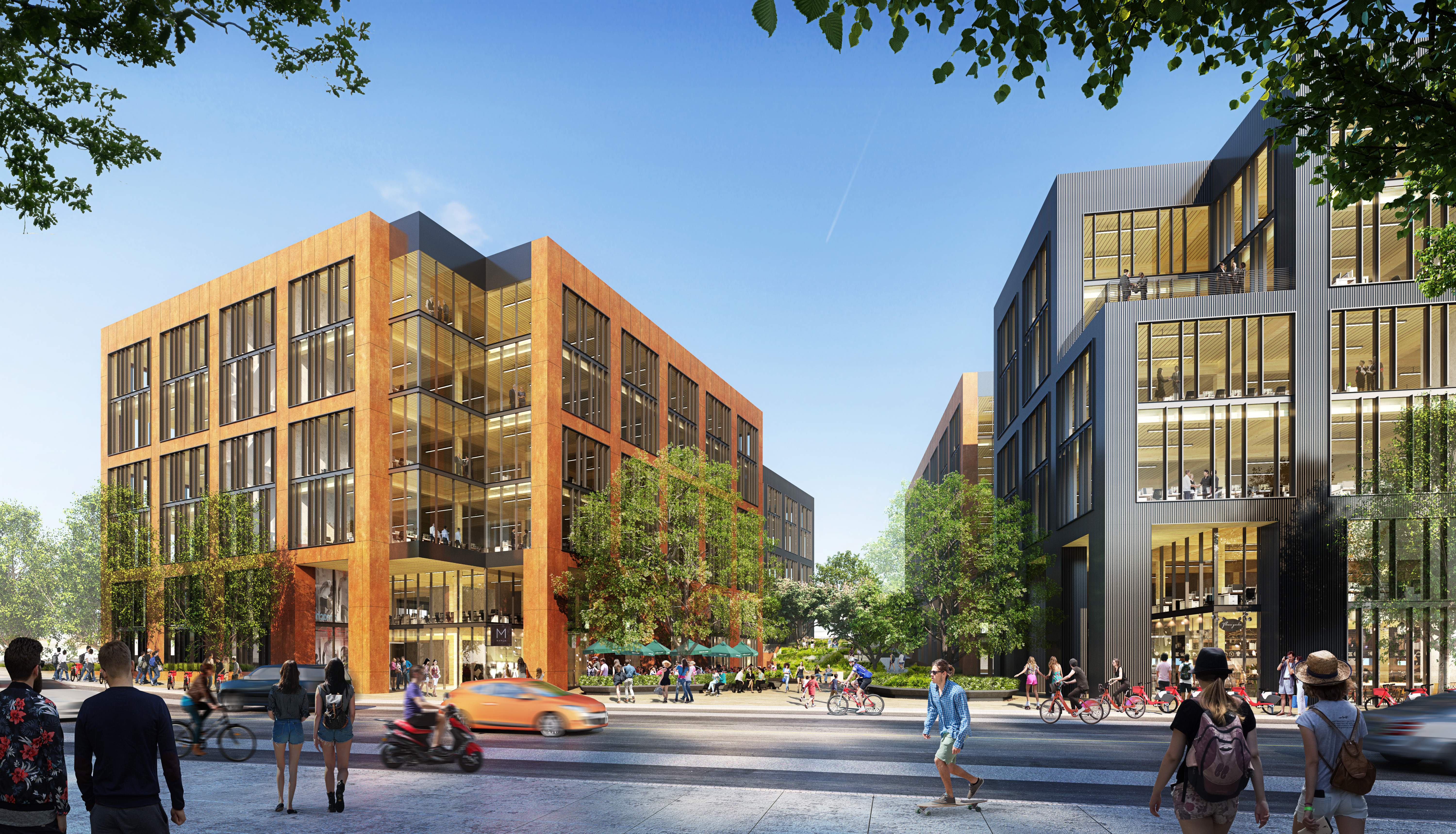 a 3d rendering of the Foundry at the Railyards, two mutli-story buidlings surrounding a central plaza