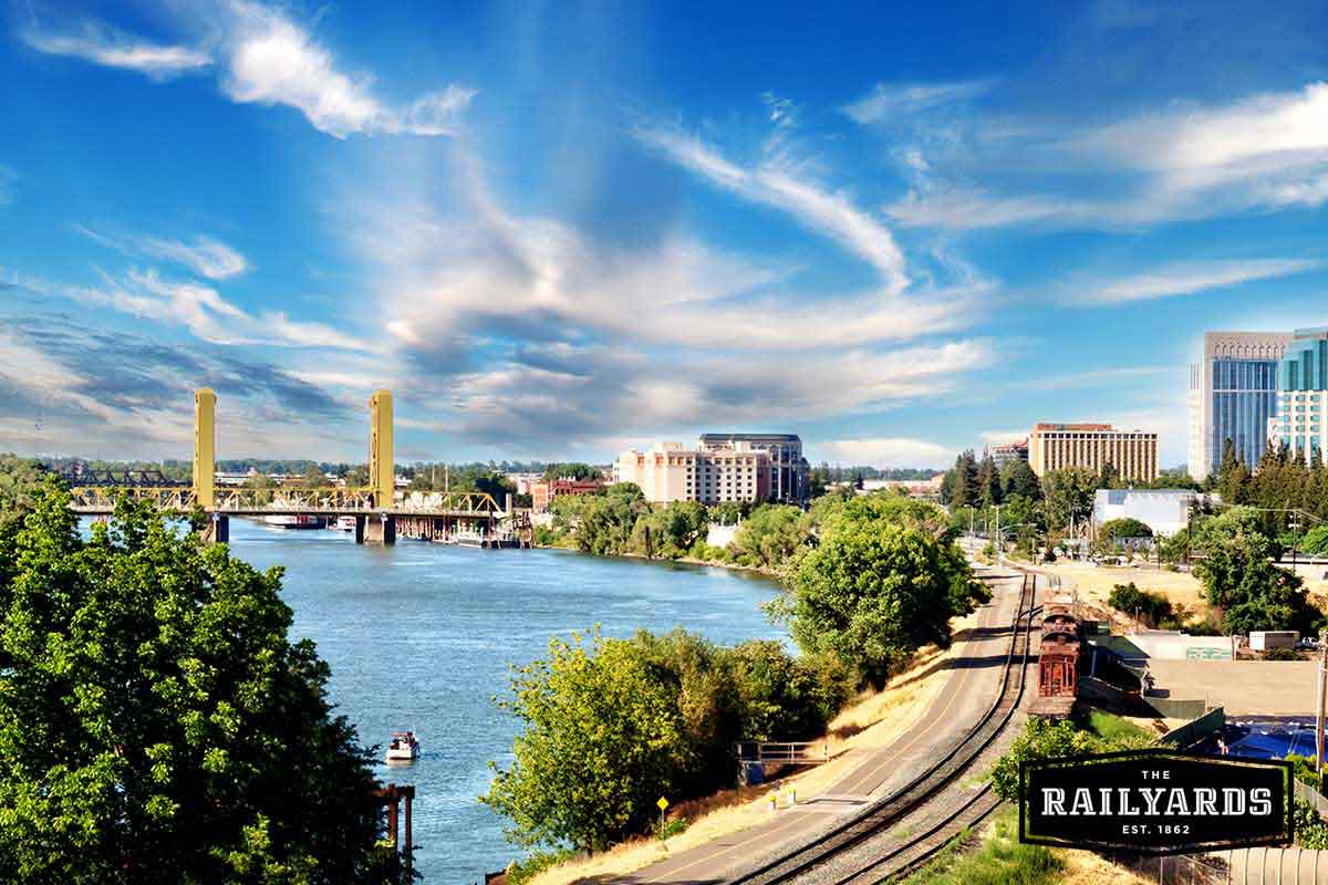 Overhead view of the train tracks along Sacramento's riverfront. Learn more about how CA is tackling climate change.
