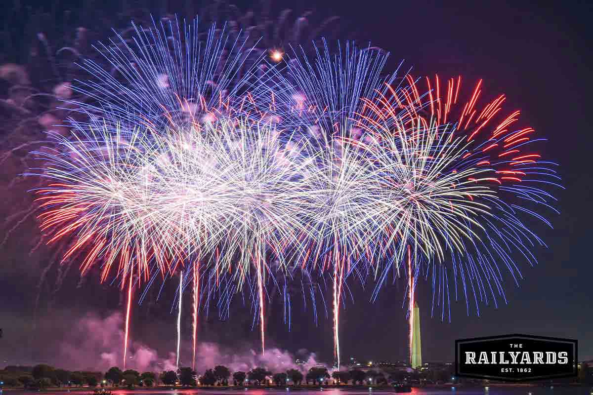 An image of red, white, and blue fireworks against a dark sky.