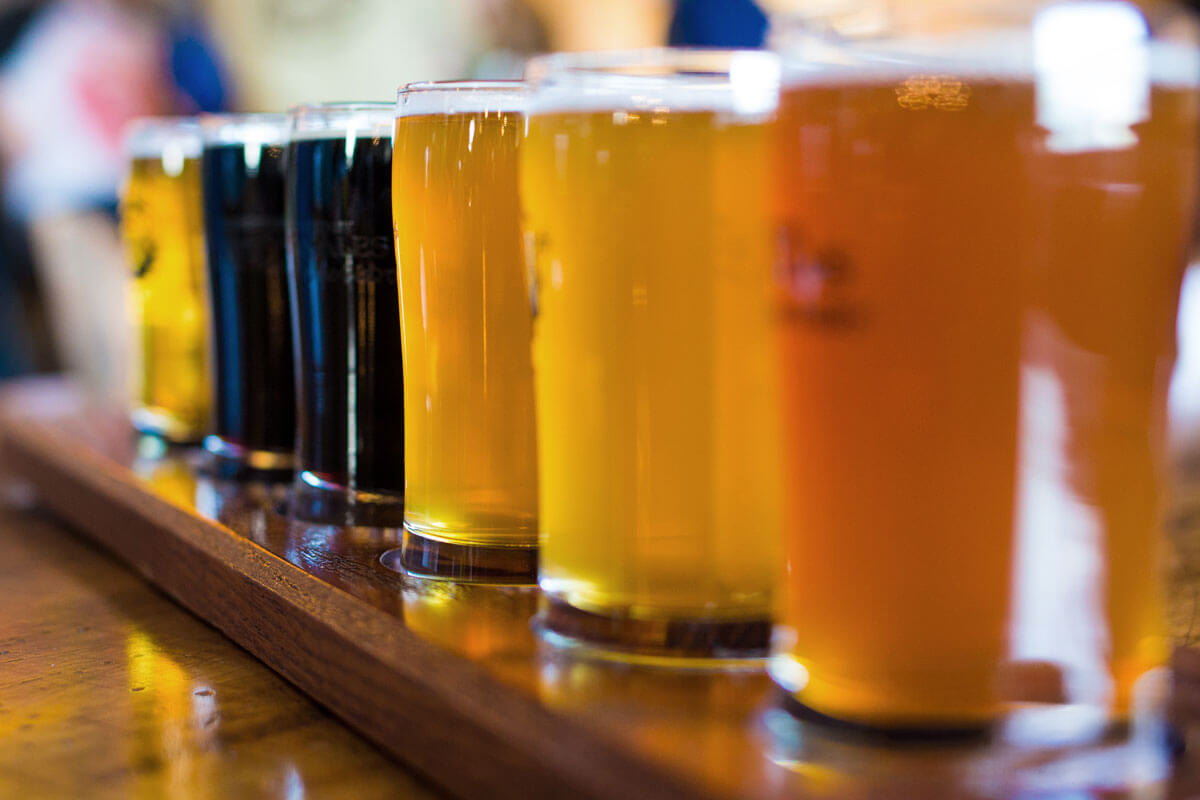 A variety of beers including dark stouts and pale ales lined up. Discover Sac's craft beer scene.
