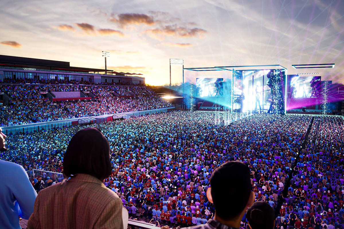 A rendering of the Republic Stadium with a concert in progress. The field has been converted to seating.