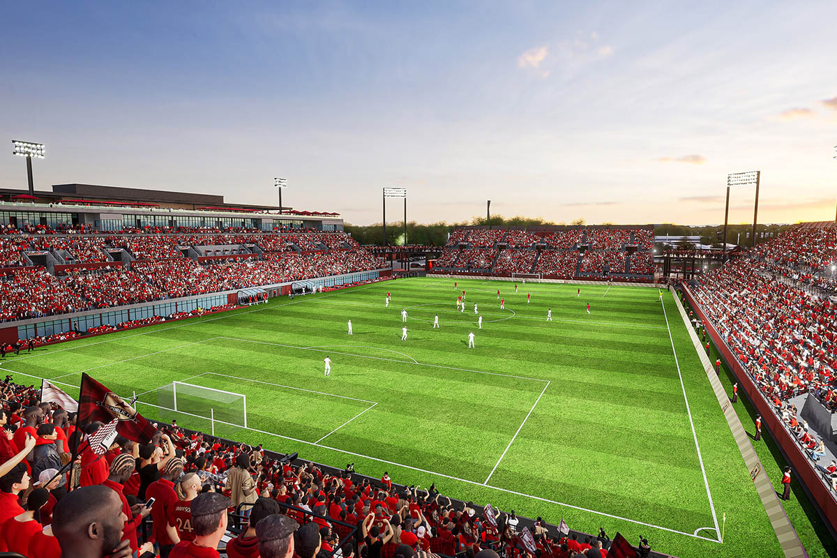 A rendering of a view of the Republic Stadium from the bleachers, showcasing the many seating options available.