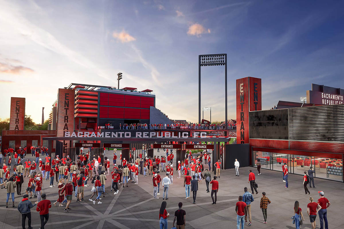 A rendering of the entrance to the Republic Stadium, with the gift shop visible on the right.