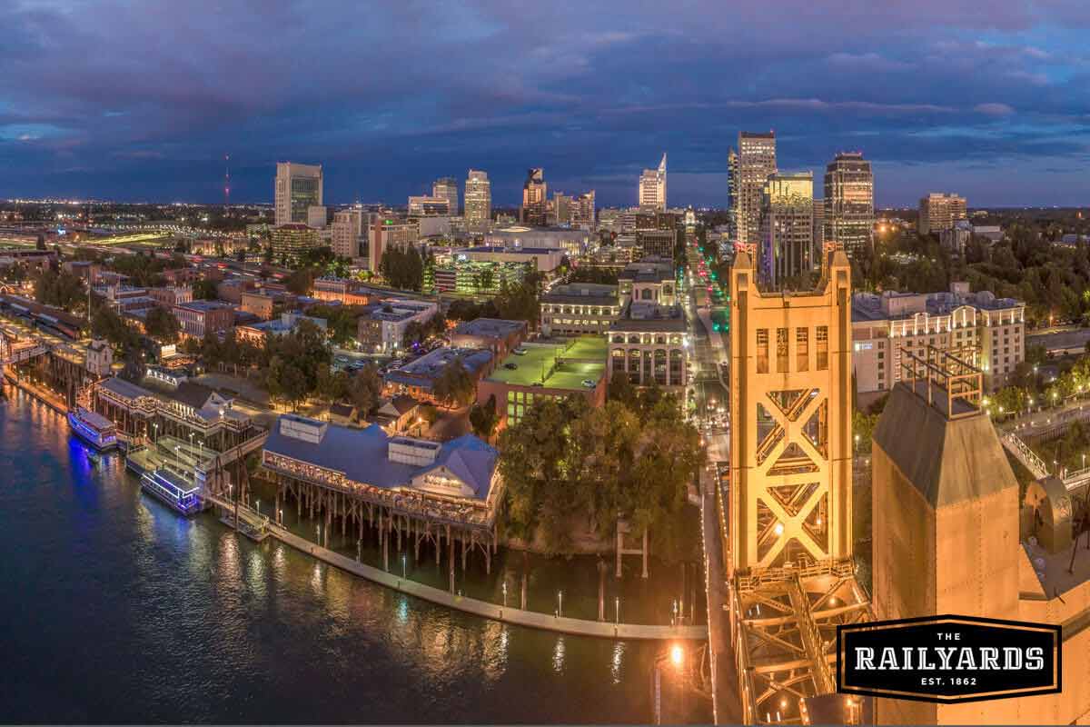 Overhead view of the Tower Bridge at night. Learn how Sacramento is building a smarter city.