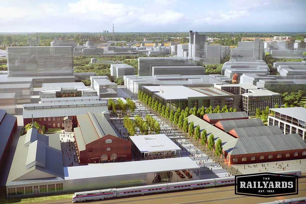 An overhead view of the Depot District in the Railyards. Learn more about the Sacramento Valley Station.